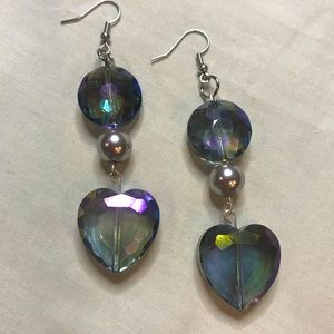 Gray Blue Crystal Heart S925 Silver  Drop & Bead Earrings